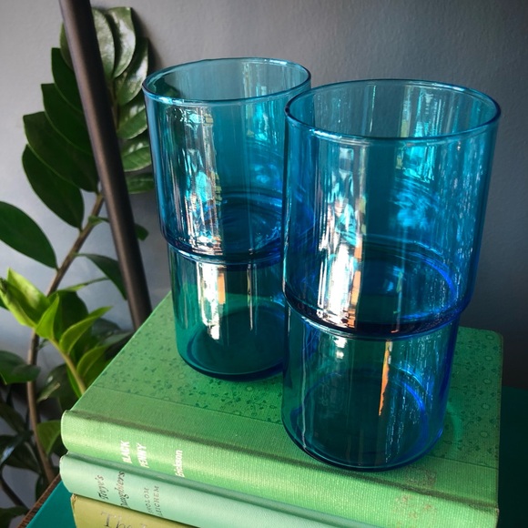 Vintage Lowball Glasses in Cerulean Blue / Set of Four / Vintage Barware
